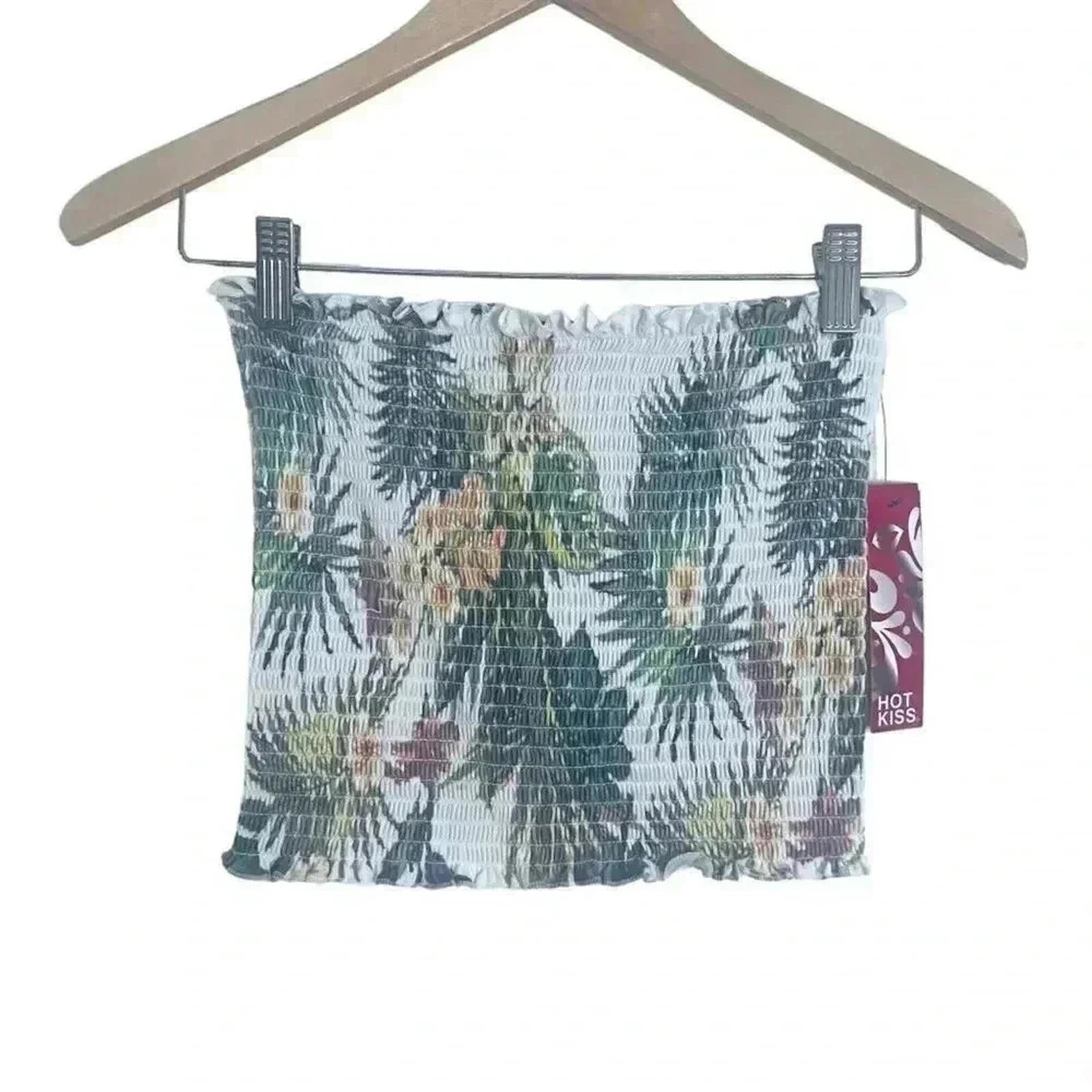 NWT Hot Kiss Green White Tropical Smocked Tube Top Summer Beach Vacation Size M