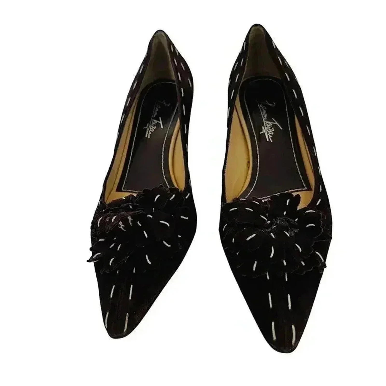 y2k Vintage Ramon Tenza Brown Suede Cream Pointed Toe Heels Flower Size 8.5