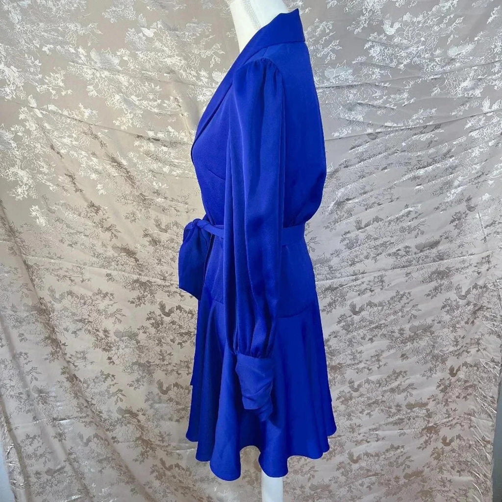 ALEXIA ADMOR Phoebe Ruffle Wrap Dress Blue Satin Dress Women's Size M
