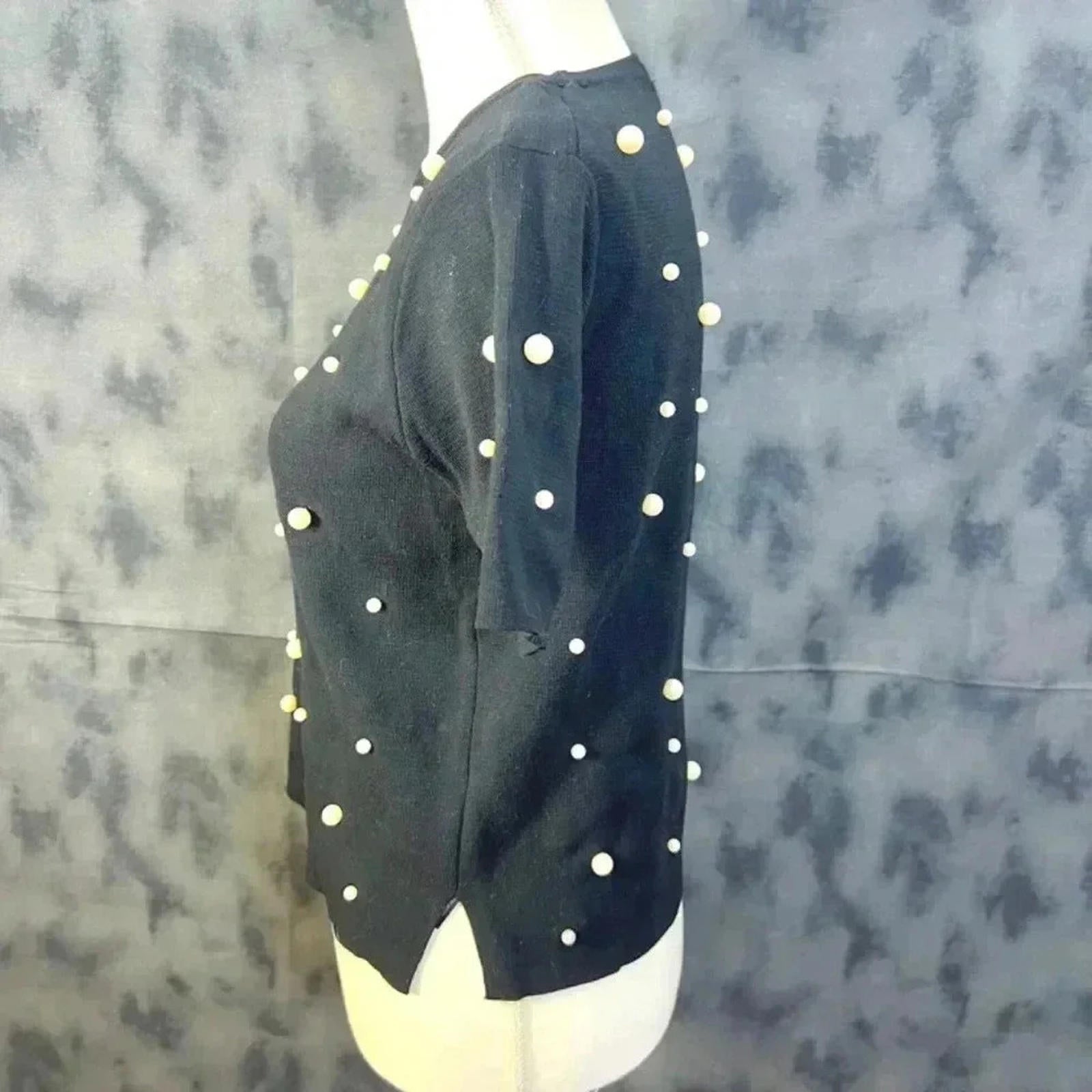 Zara Pearl Embellished Black Knit Short Sleeve Top Size S