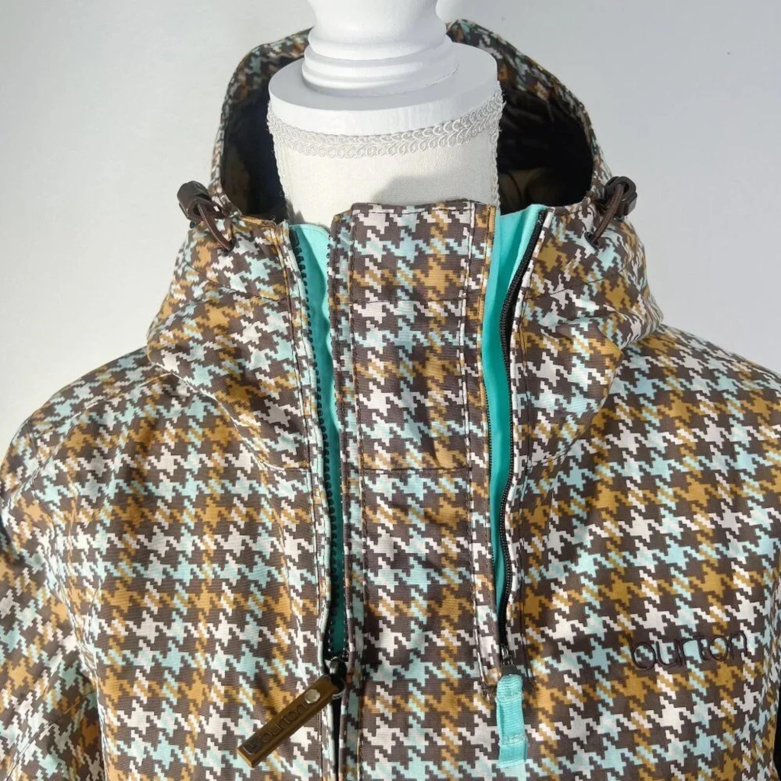 Burton Houndstooth Brown and Blue Hardshell Ski Snowboard Jacket Women's Size L