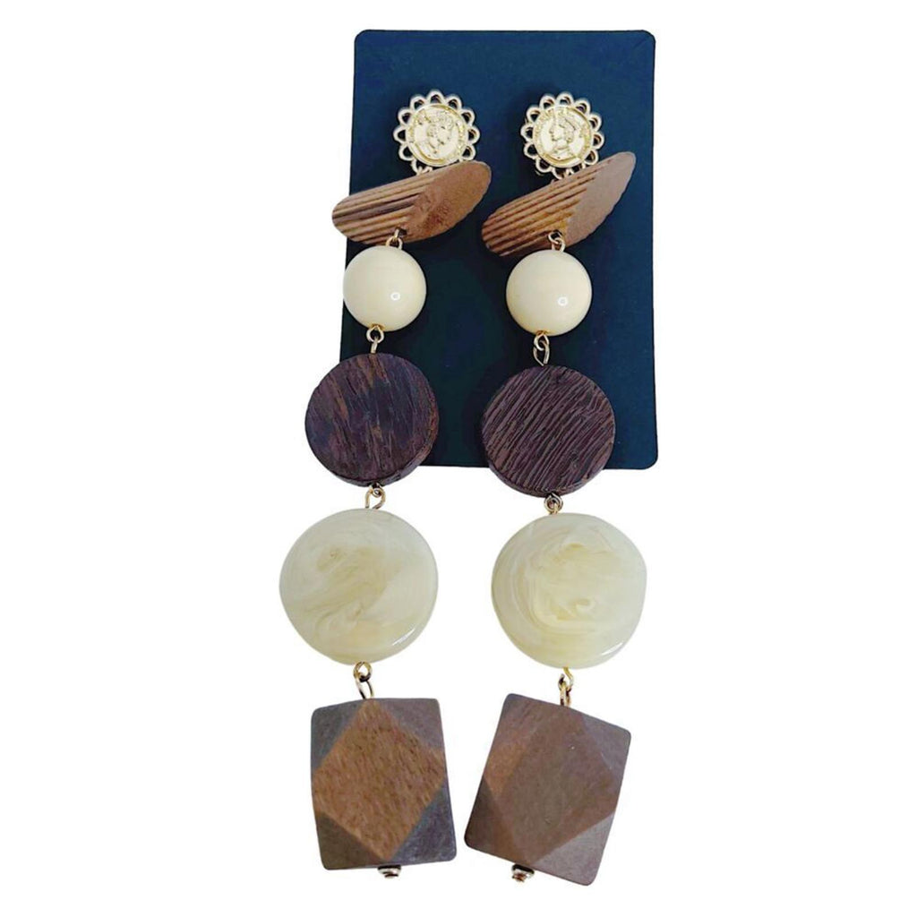 Natural Wood Statement Earrings Geometric Block Dangling Boho