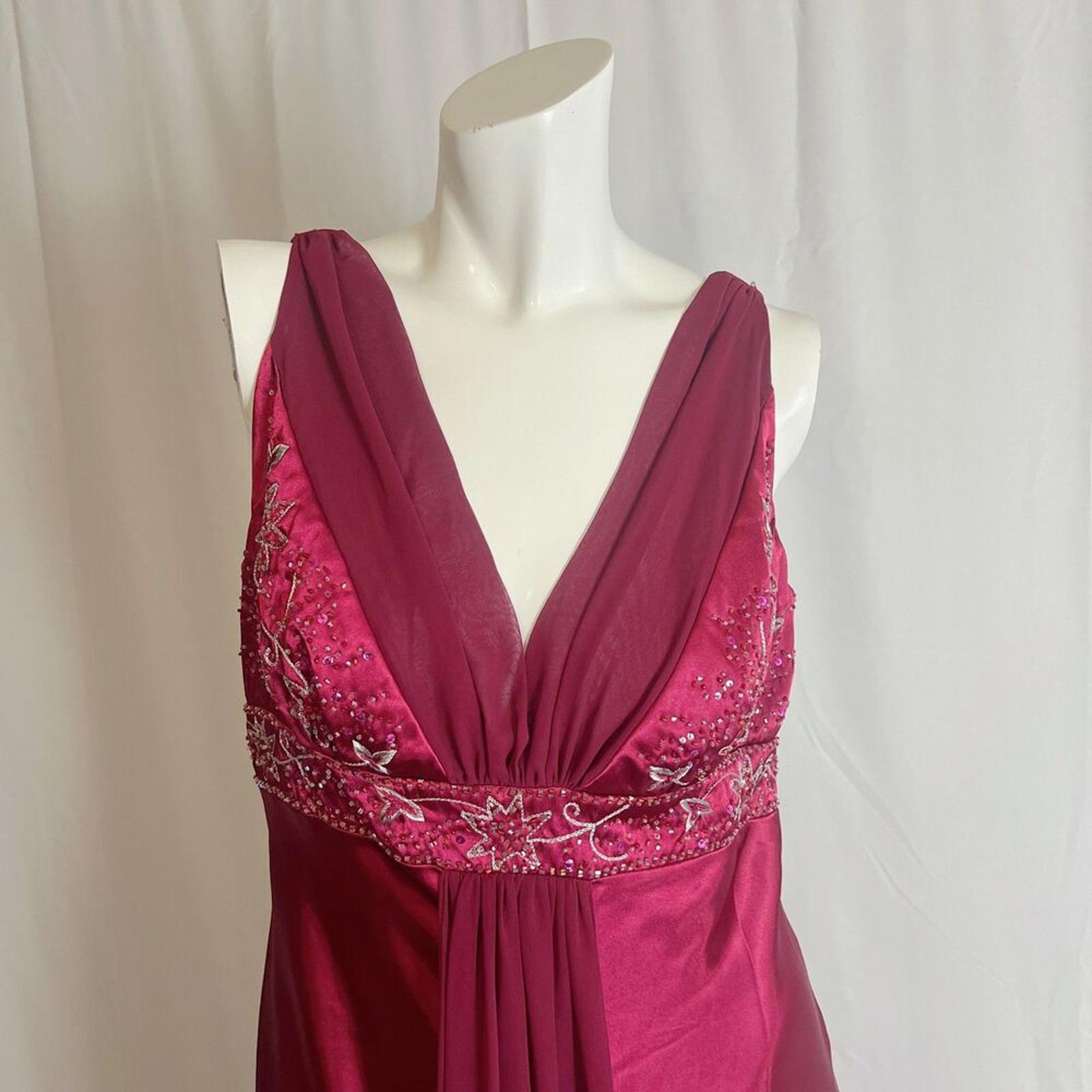 y2k Vintage Marina Bright Burgundy Satin Evening Gown Beaded Whimsygoth Size 12