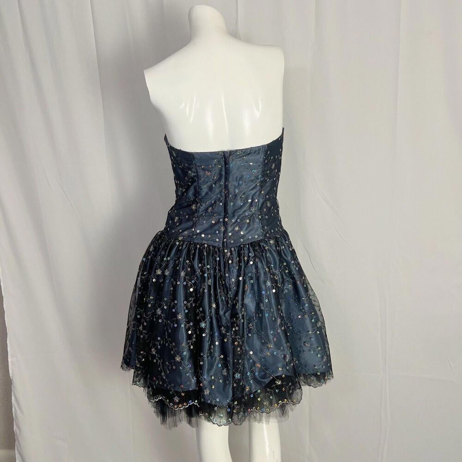 Jessica McClintock Strapless Midnight Blue Dress Sequined Whimsigoth Size 10