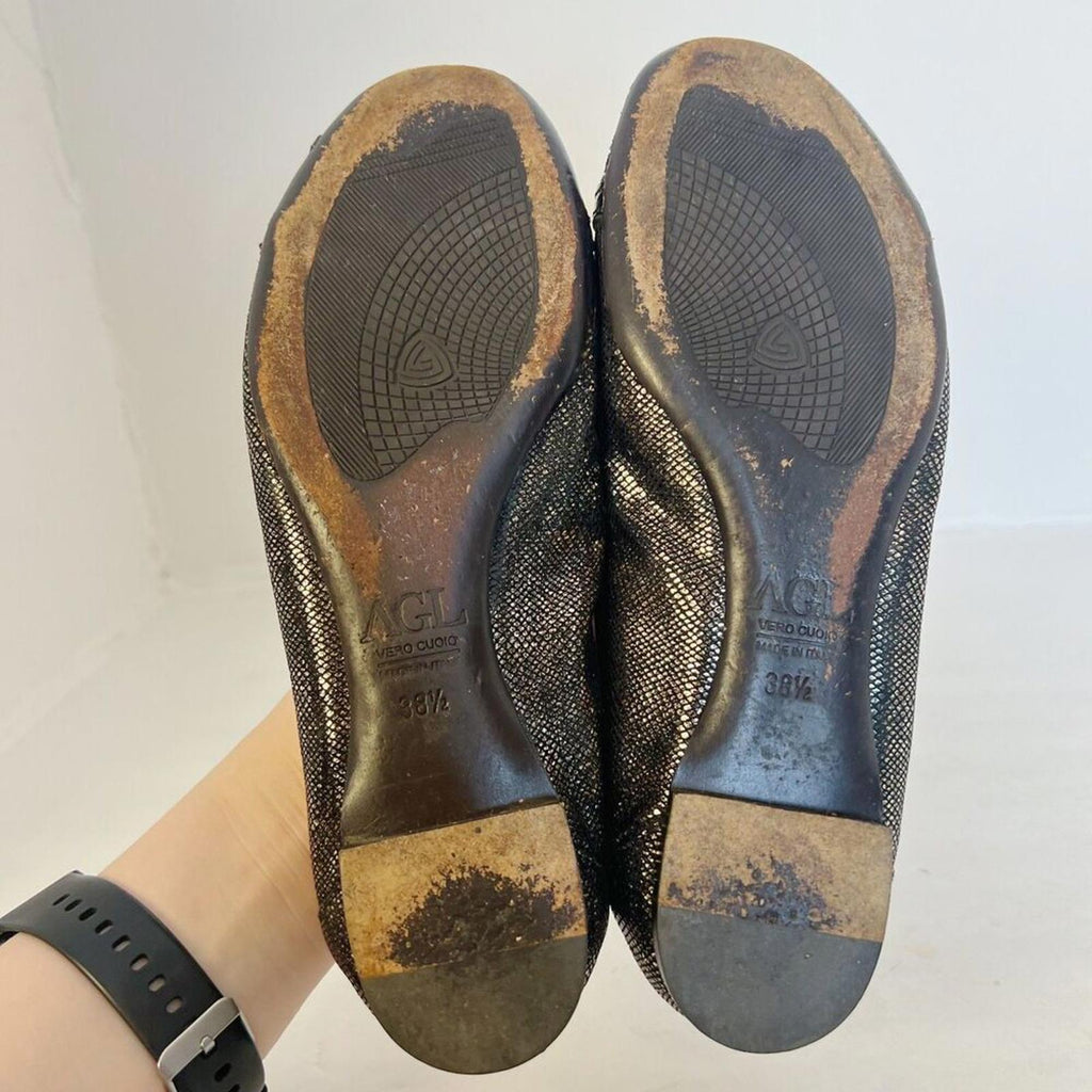 AGL Attilio Giusti Leombruni Black Gold Houndstooth Cap Toe Ballet Flat Size 8.5