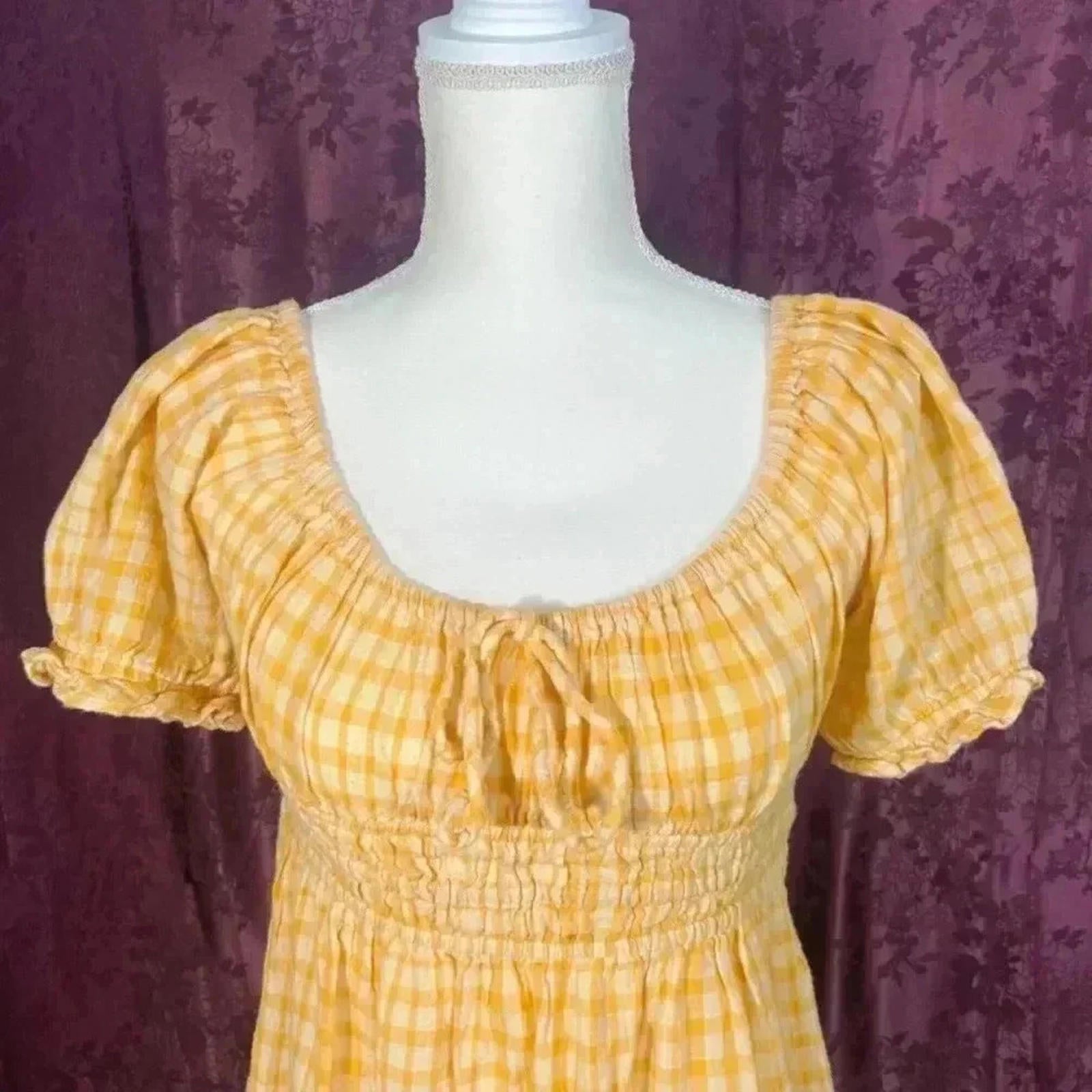 Urban Outfitters Womens Milkmaid Dress Puff Sleeves Yellow Plaid Gingham Size M