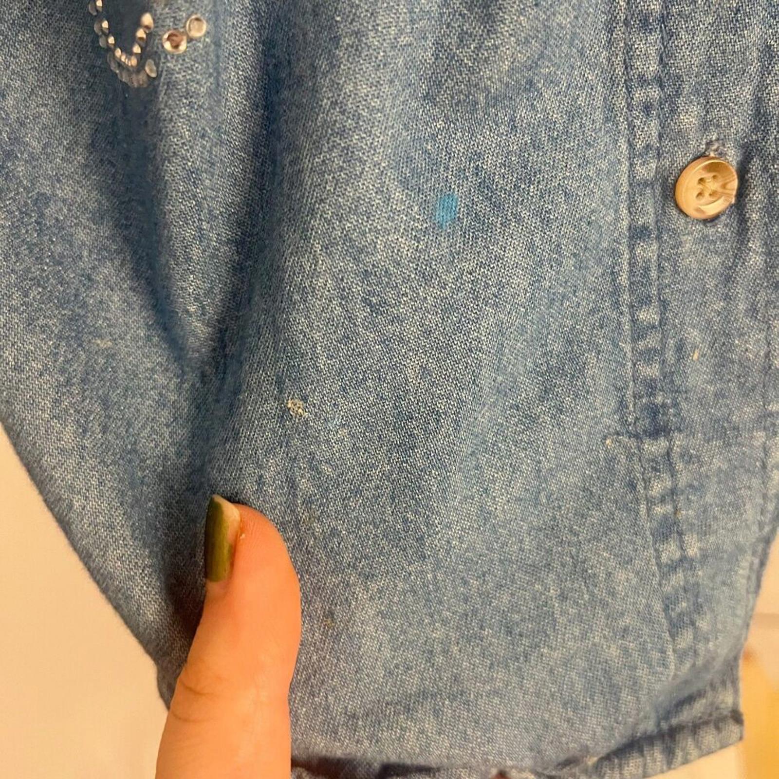 Vintage La Sha Denim Button Up Shirt Rhinestones Western Country Women's Size L