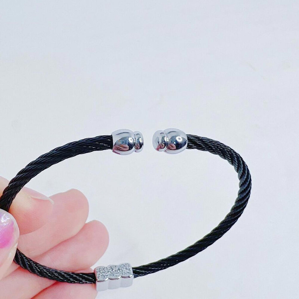 Black Cable Bracelet Braided Silver Rhinestone Charm Adjustable