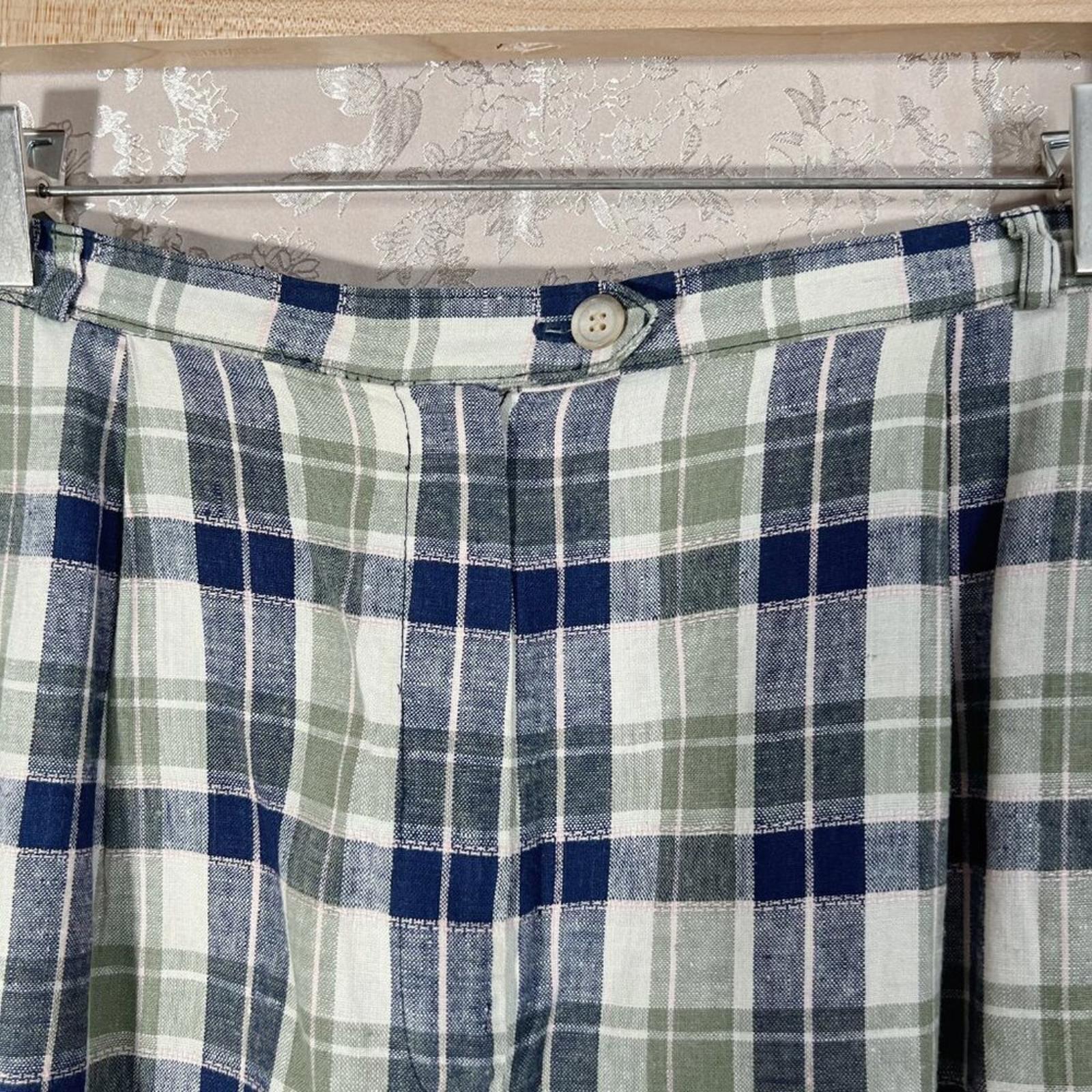Vintage Tofy Green and Blue Plaid Linen Bermuda Shorts Women's Size 10