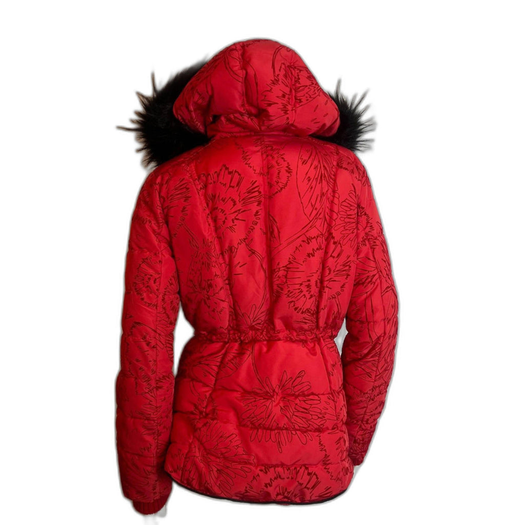 Desigual Women's Coat Marlene Borgona Red Faux Fur Hood Puffer Jacket Size 8 US