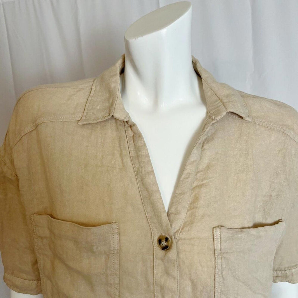 Zara 100% Linen Tan Button Up Short Sleeve Shirt Women's Size S