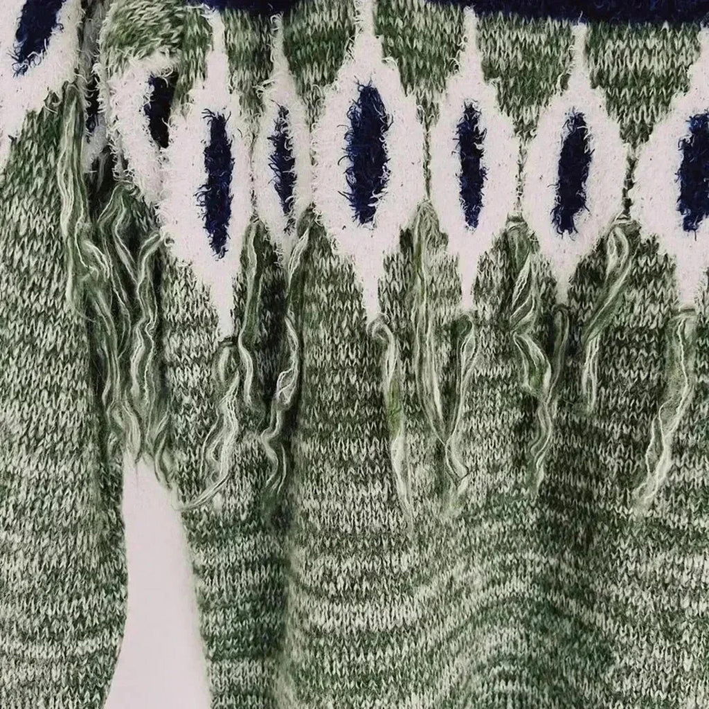 Kensie Green Sweater With Blue White Geometric Print Tassels Knit Size M