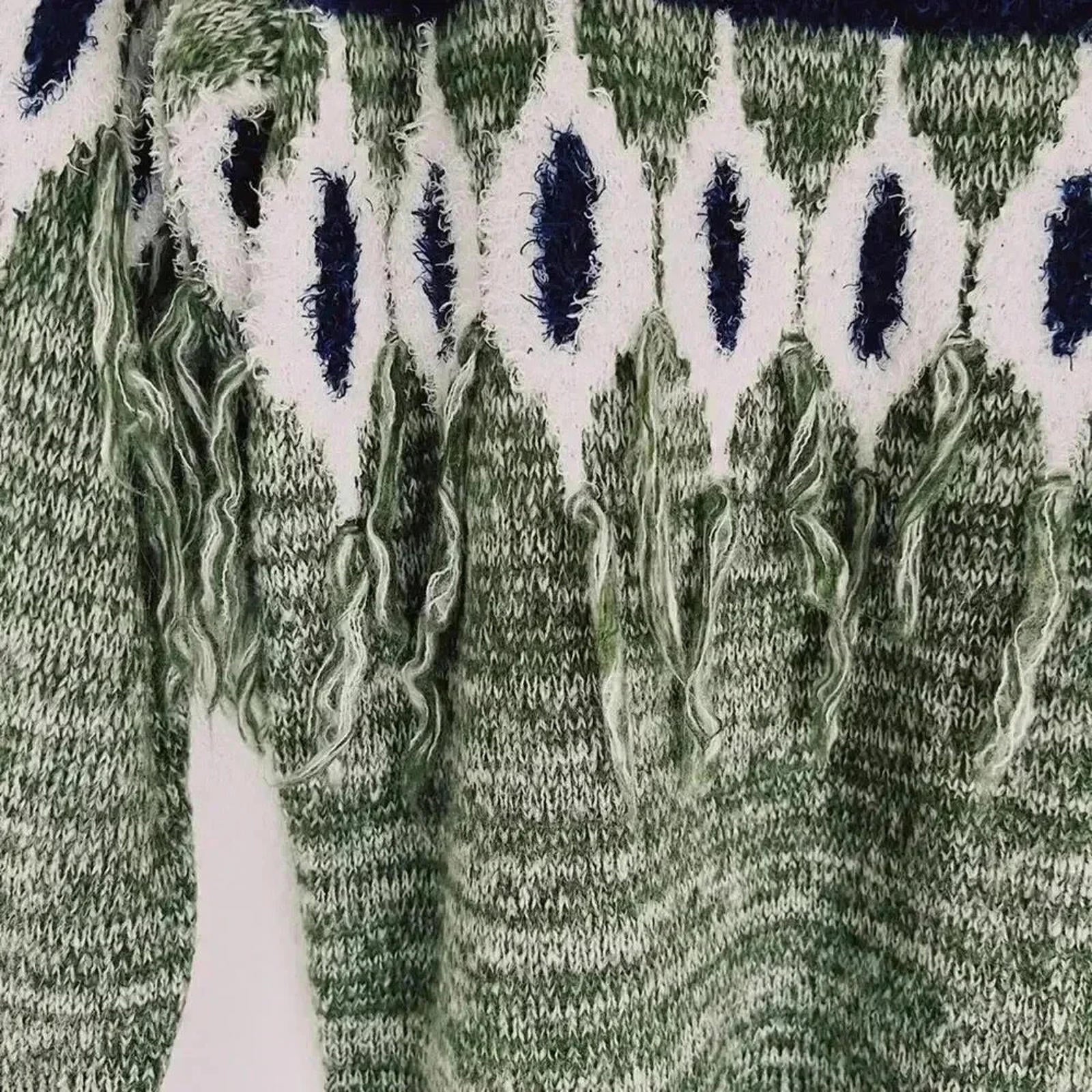 Kensie Green Sweater With Blue White Geometric Print Tassels Knit Size M