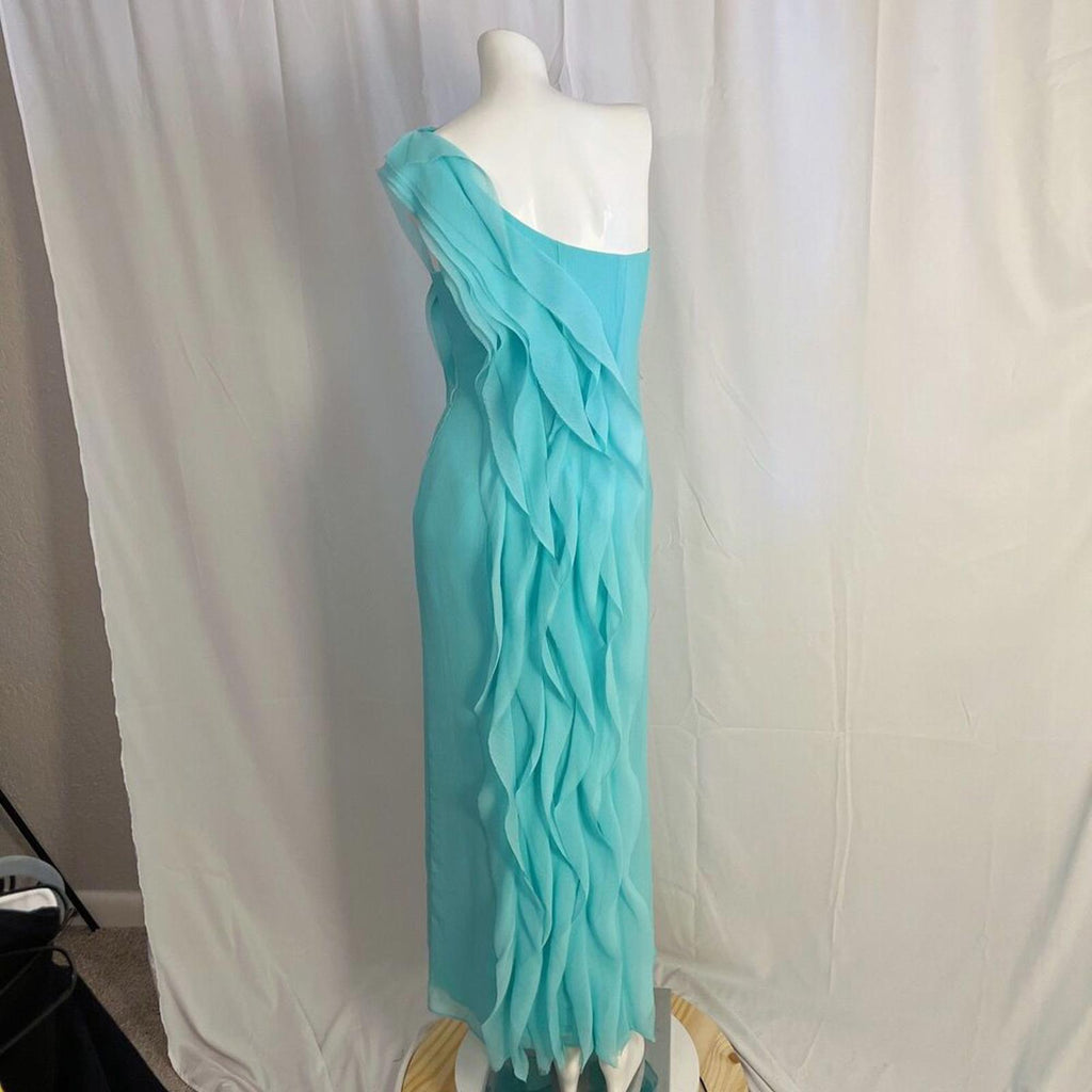 Vera Wang White Aqua Blue Chiffon One Shoulder Ruffle Summer Maxi Dress Size 4