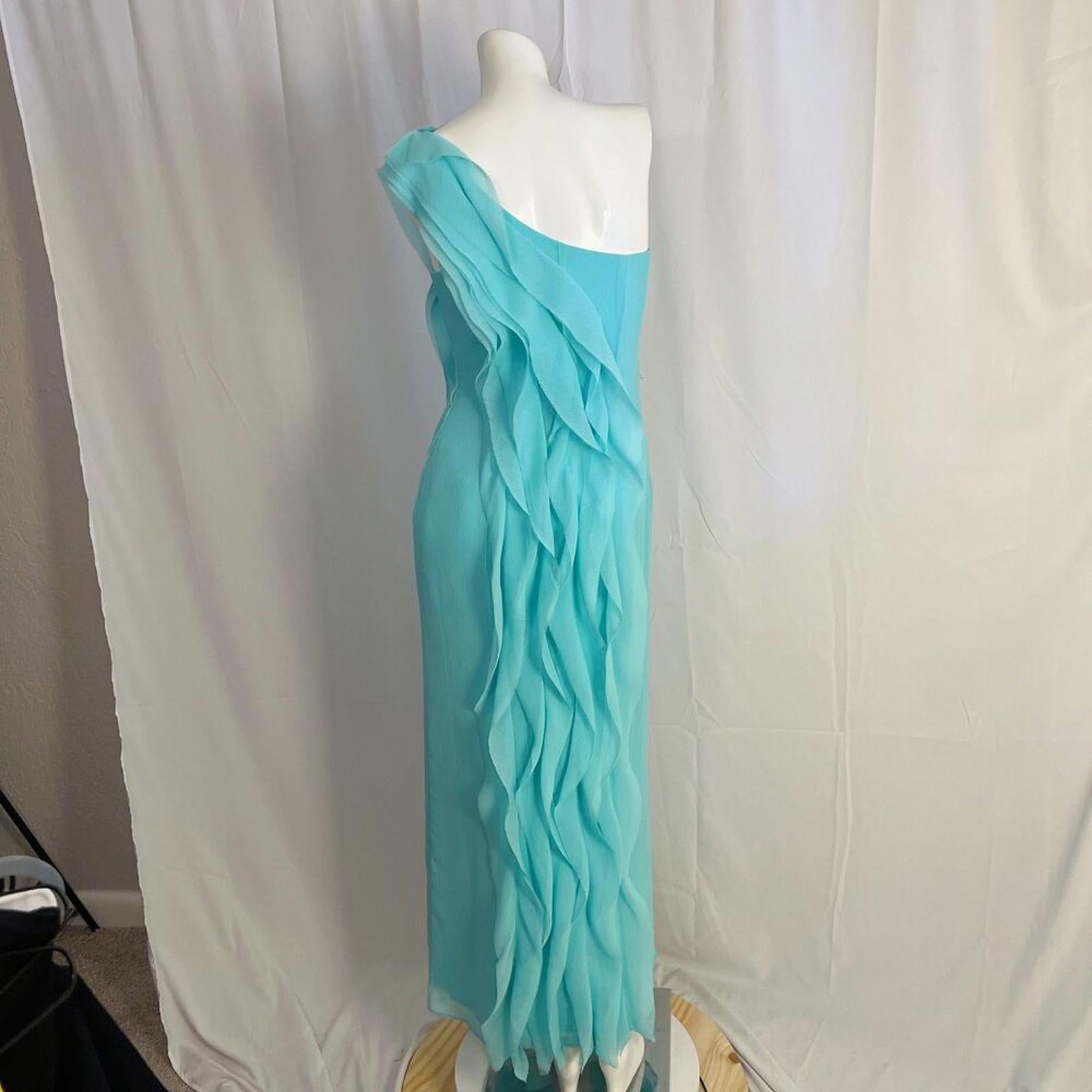 Vera Wang White Aqua Blue Chiffon One Shoulder Ruffle Summer Maxi Dress Size 4