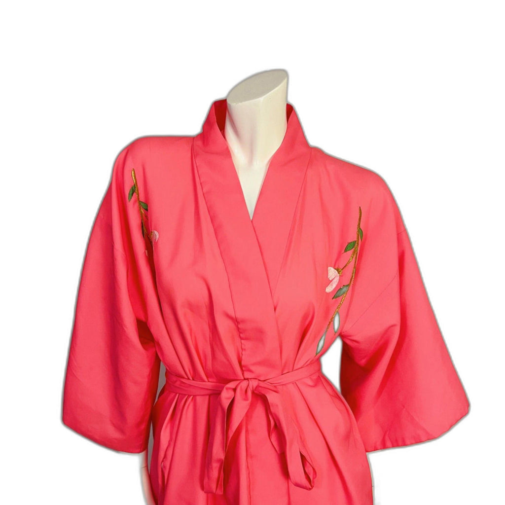 RARE Vintage 1960s 1970s Japanese Neon Pink Cherry Blossom Embroidered Robe