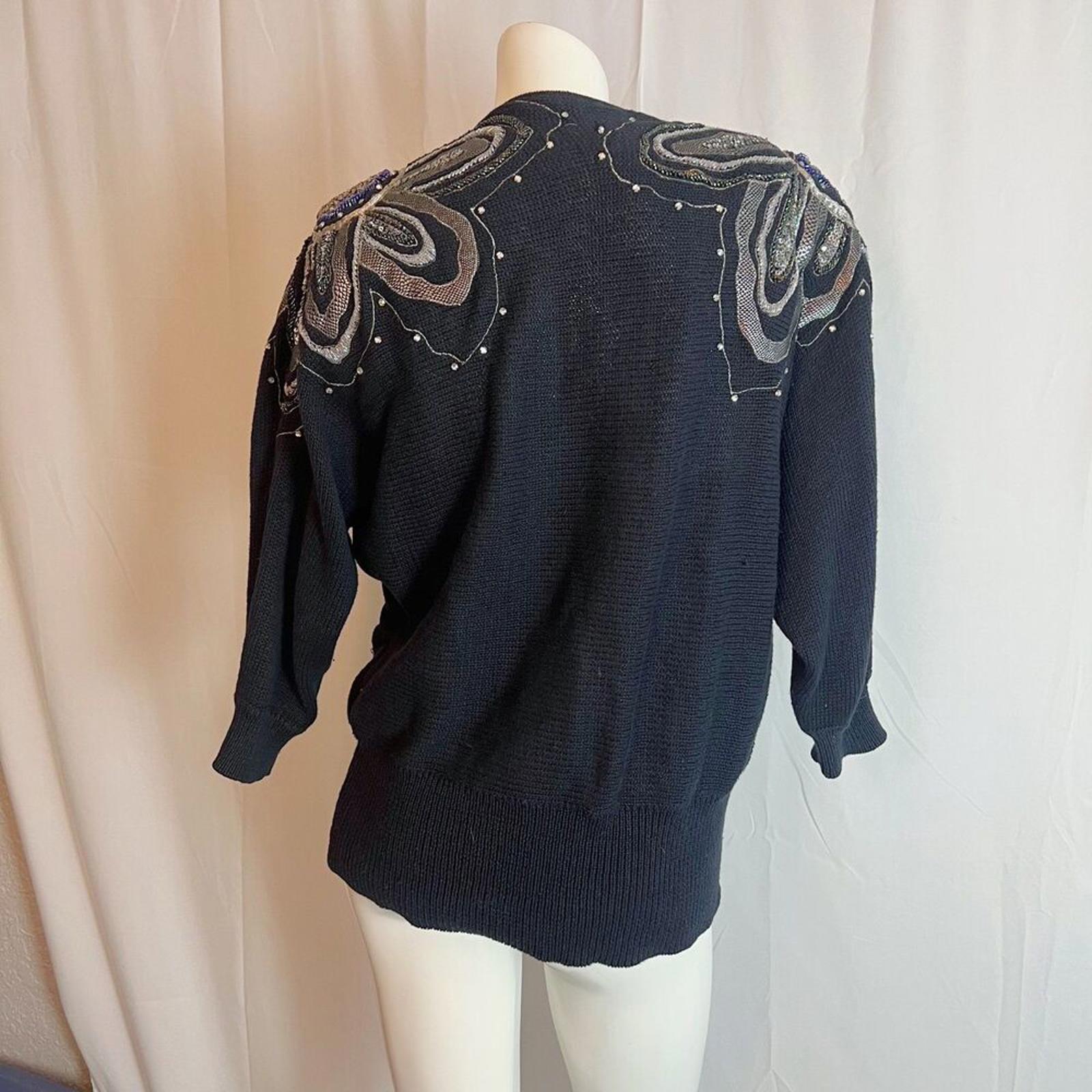 Vintage 80s Bonnie Boerer Black Silver Beaded Embroidered Wrap Sweater Size S