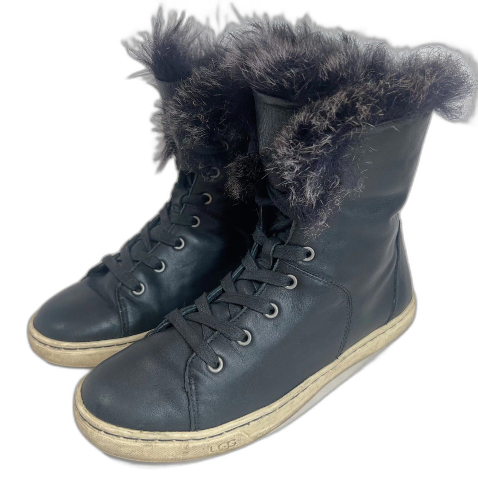 Ugg Australia Croft Black Leather Fur Lined Sneakers Women's Size 7