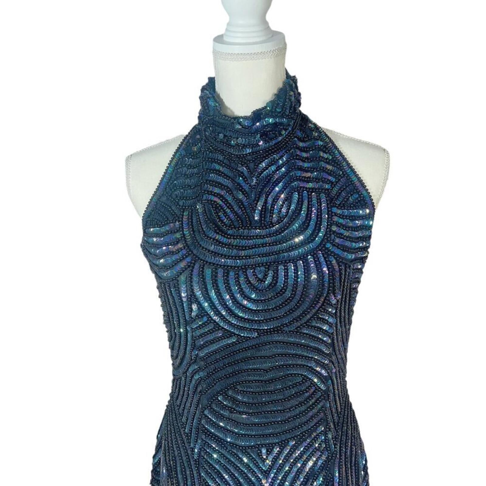 NWT Carina International Handmade Silk Blue Beaded Halter Dress Formal Size M