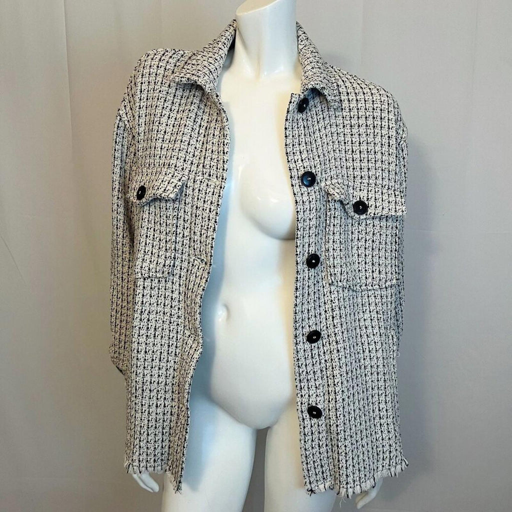 Zara Black White Tweed Overshirt Button Up Jacket Chanel Inspired Size S