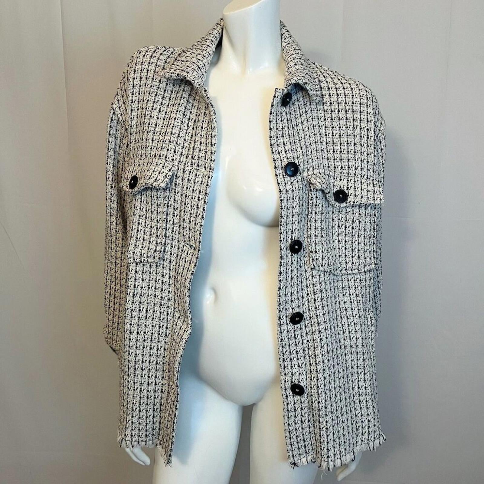 Zara Black White Tweed Overshirt Button Up Jacket Chanel Inspired Size S