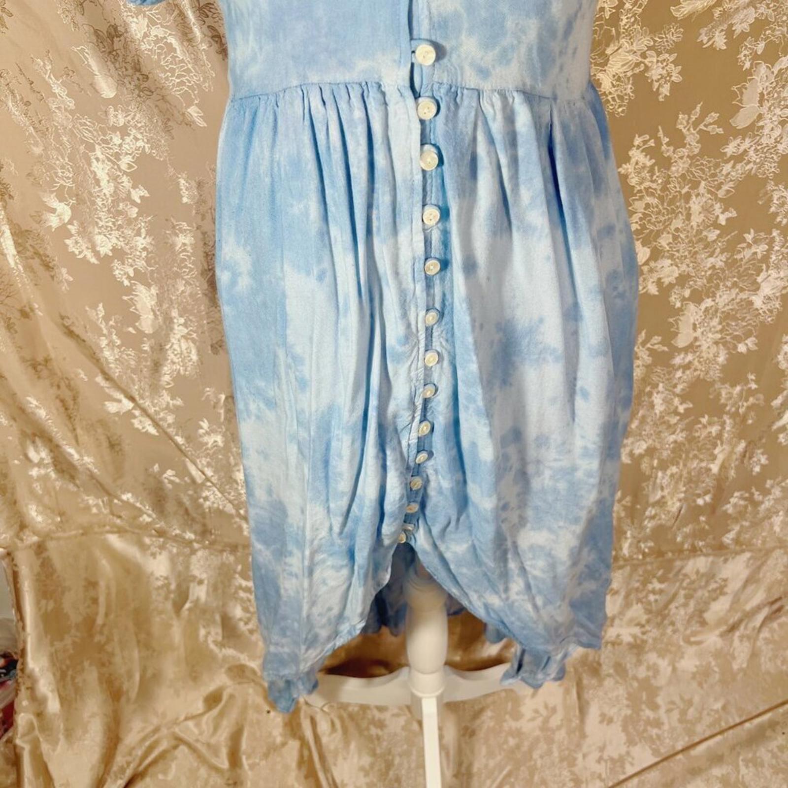 Aqua Blue Tie Dye High Low Button Up Peasant Dress Women's Size XS