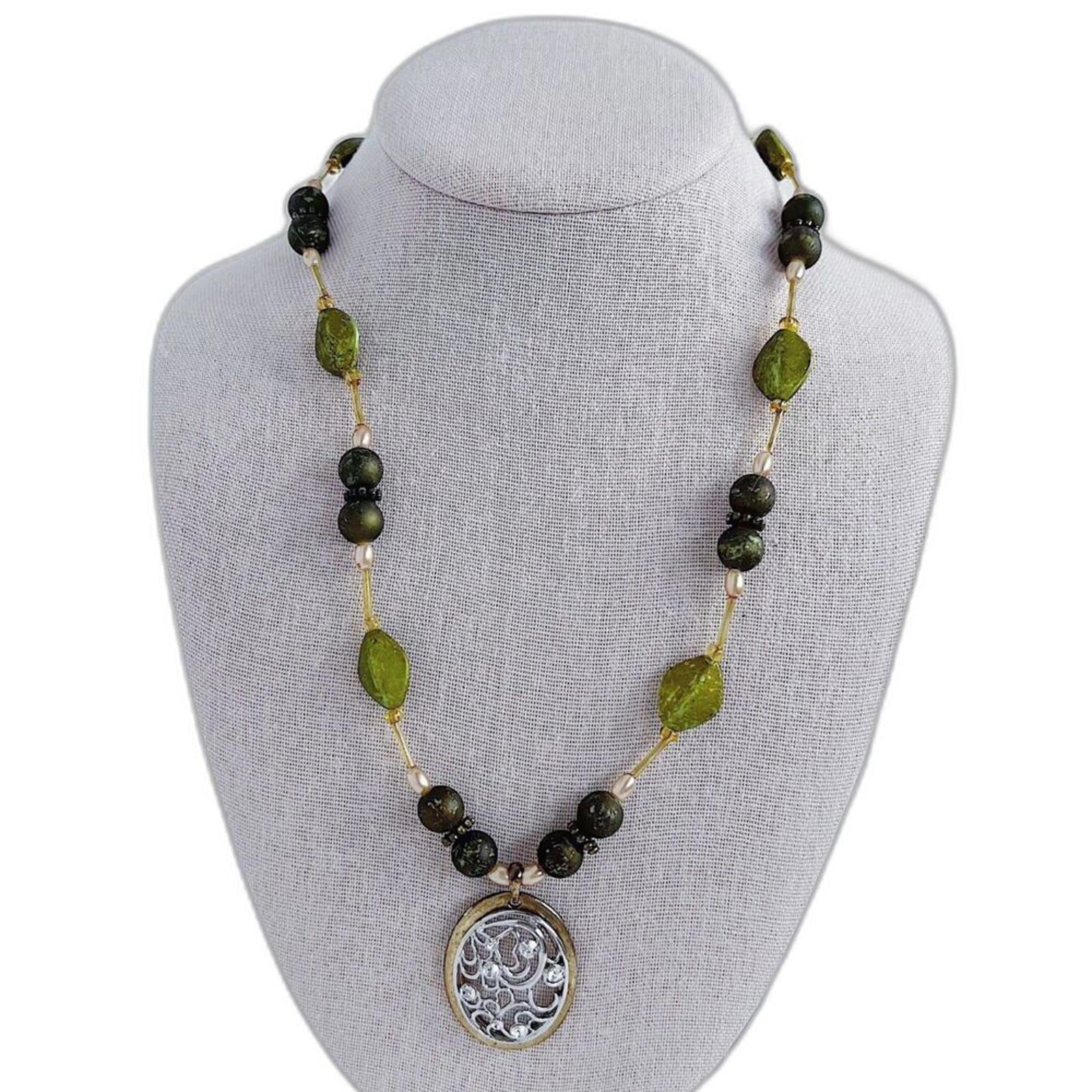Green Beaded Silver Pendant Statement Necklace Boho