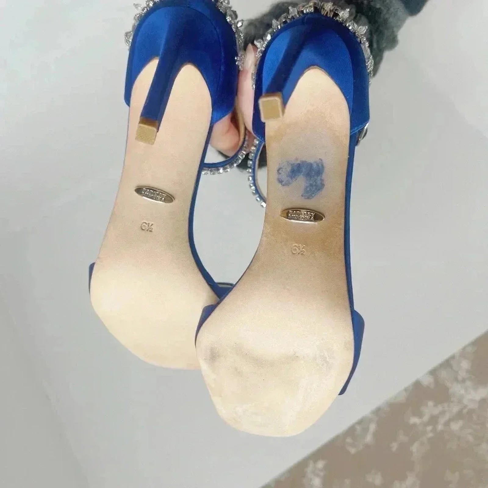 NWOT Badgley Mischka Blue Satin Crystal Encrusted Stilettos Square Toe Size 6.5