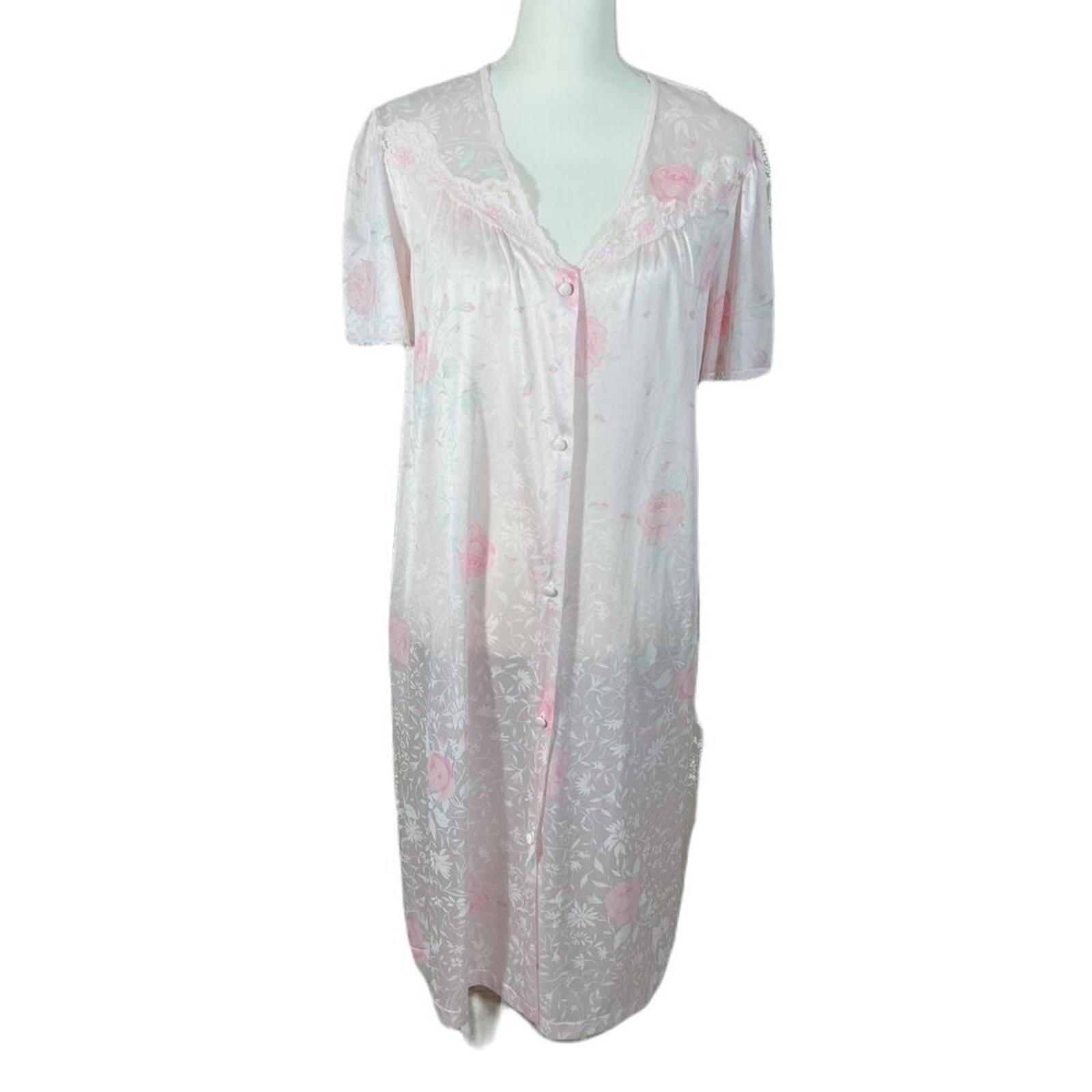 Vintage Vanity Fair Light Pink Floral Button Up Night Dress Coquette Size M