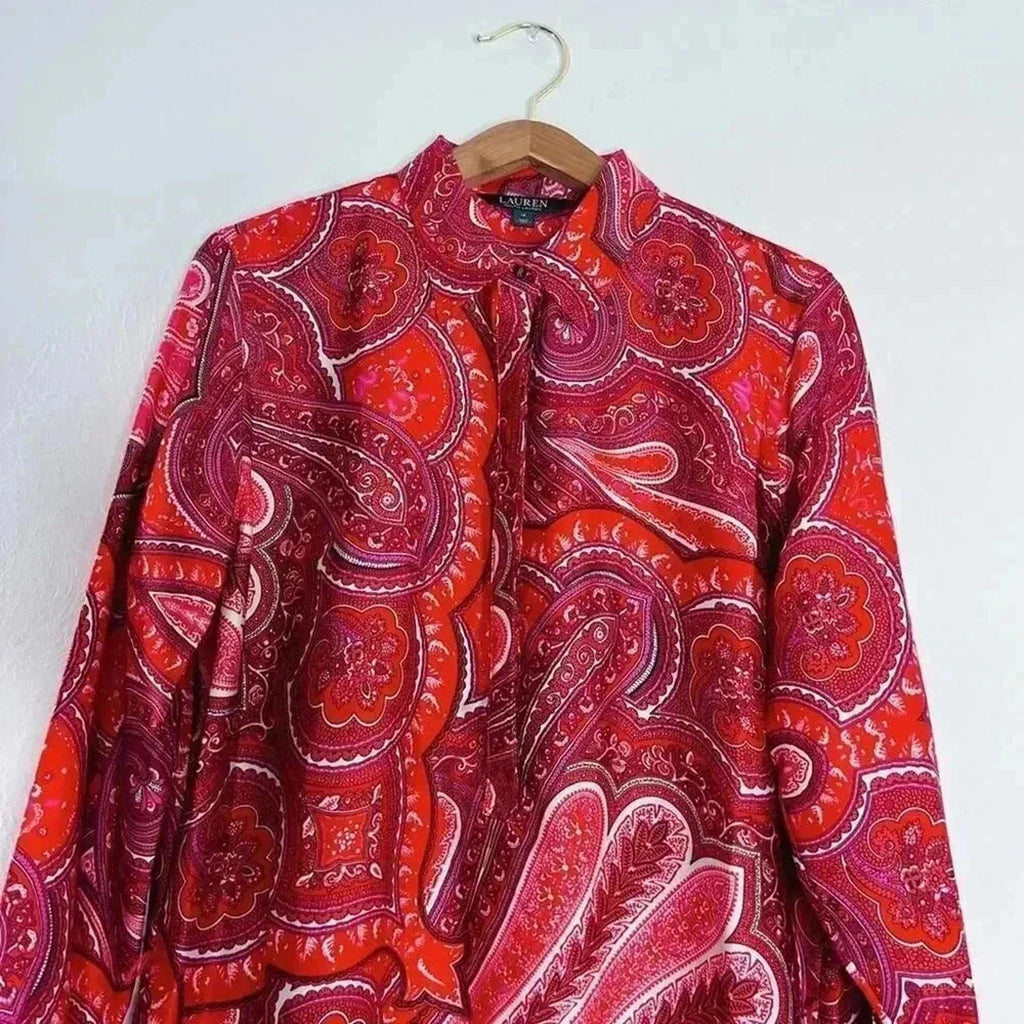 Ralph Lauren Red Paisley Satin Scarf Dress Long Sleeves Women's Size 12