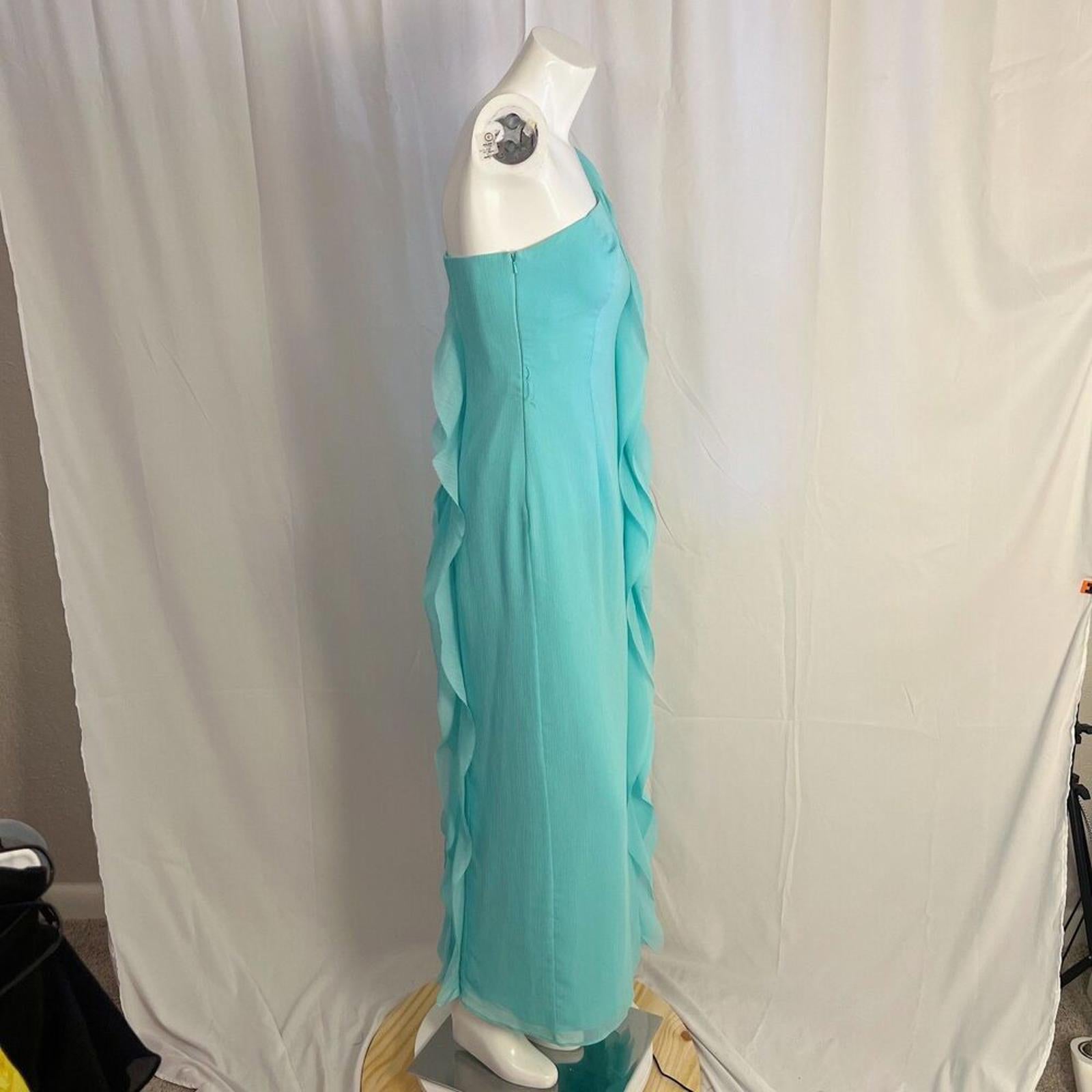 Vera Wang White Aqua Blue Chiffon One Shoulder Ruffle Summer Maxi Dress Size 4