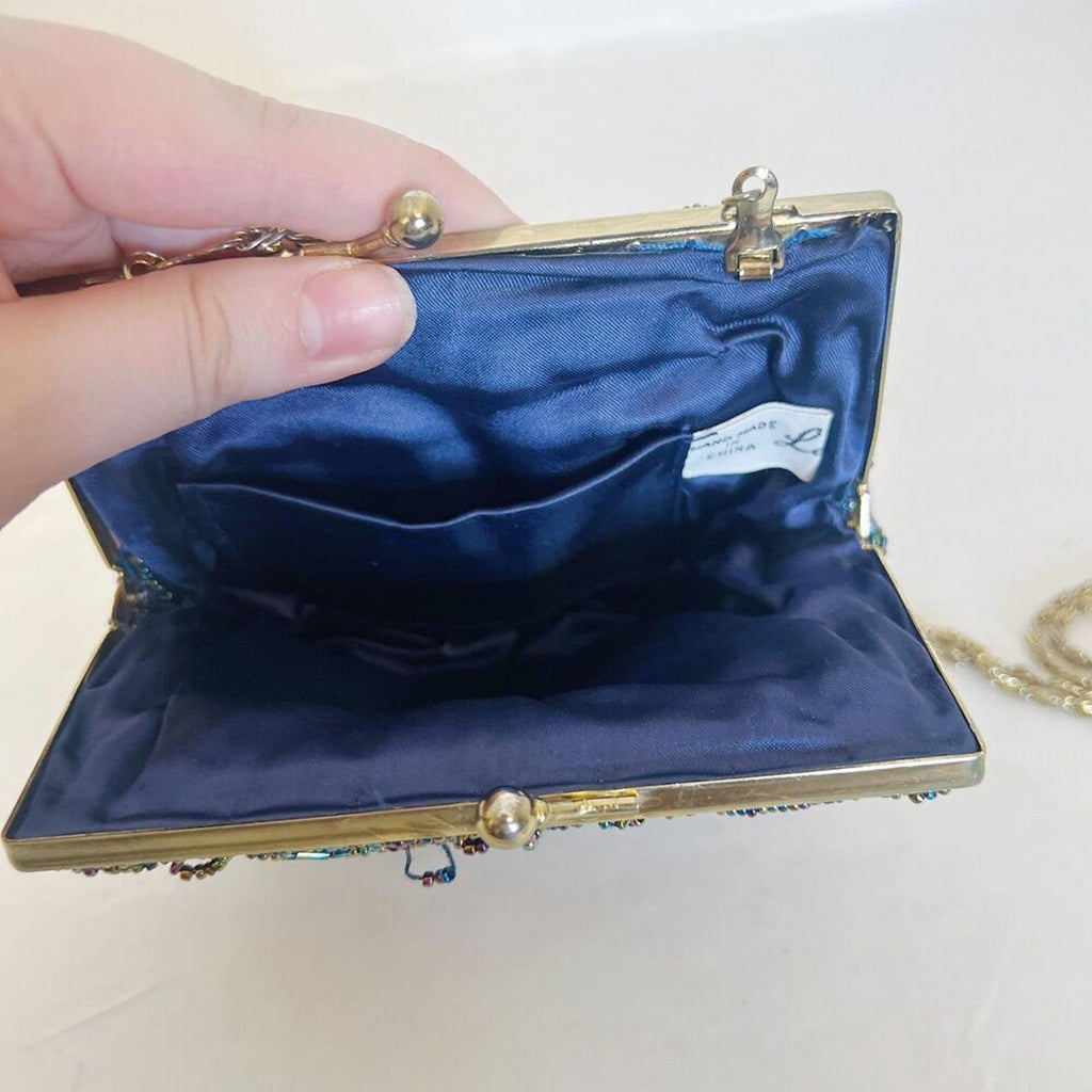 Vintage 80s La Regale Iridescent Blue Oil Spill Beaded Evening Bag Scalloped
