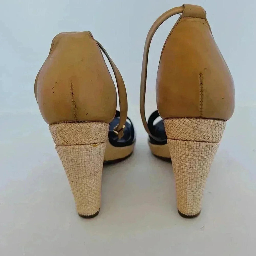 Kate Spade Black and Tan Leather Woven Wedges Women's Size 8