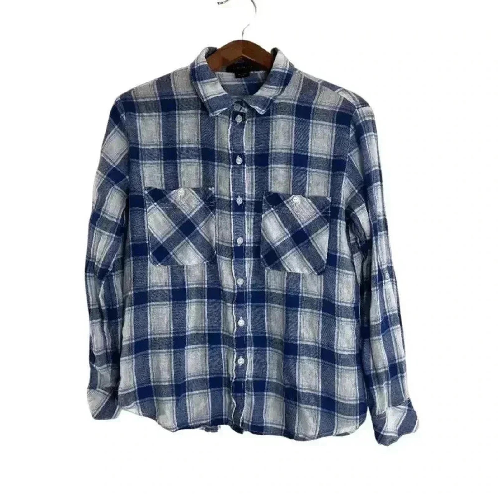 Sanctuary Blue White Plaid Long Sleeve Button Up Blouse Western Women's Size S