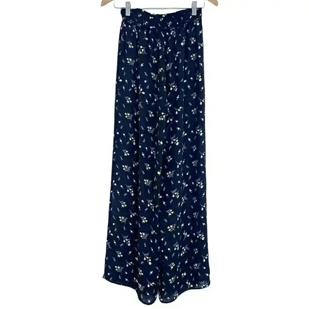 Aqua Black and Yellow Chiffon Flowy Pants Floral  Summer Boho Chic Size S