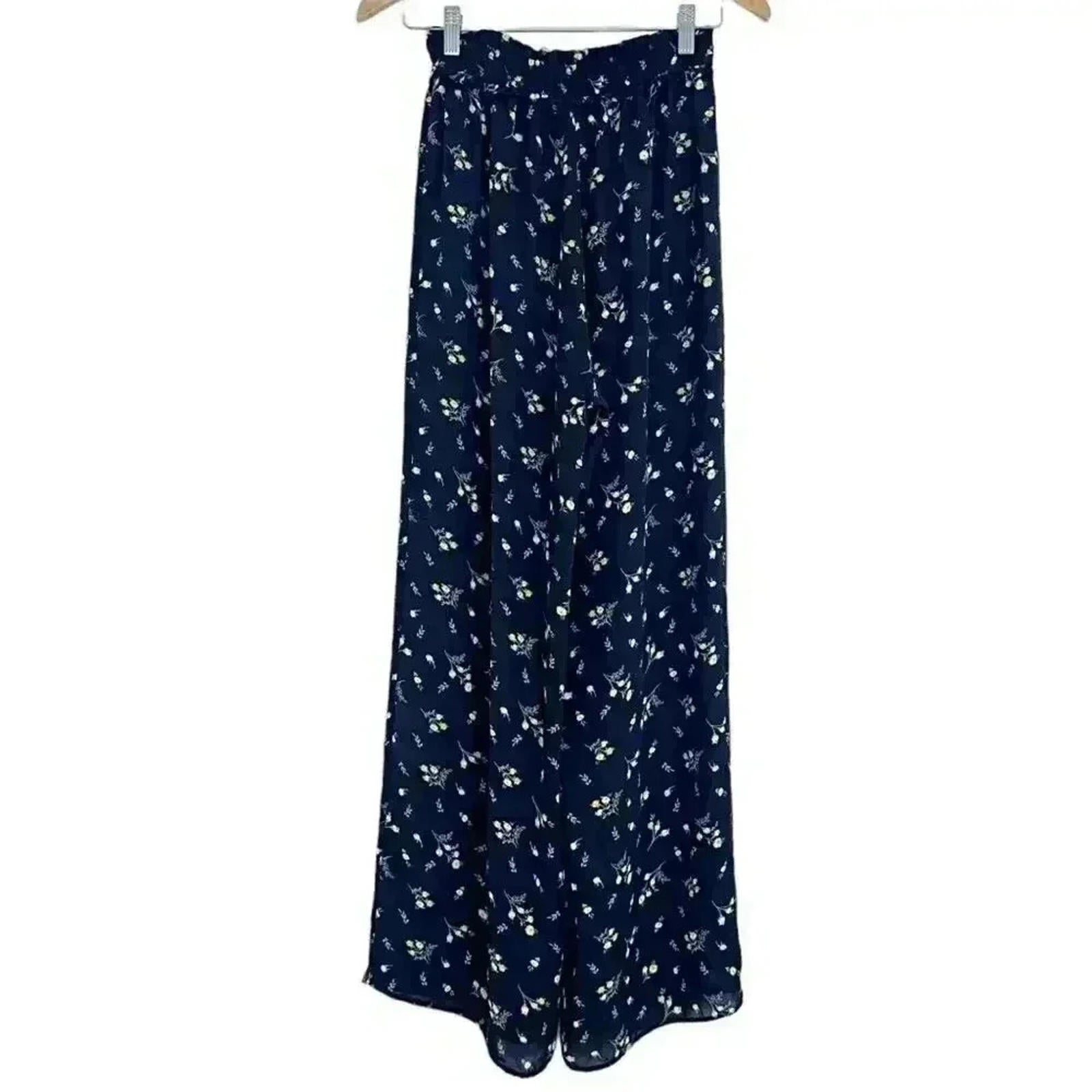 Aqua Black and Yellow Chiffon Flowy Pants Floral  Summer Boho Chic Size S