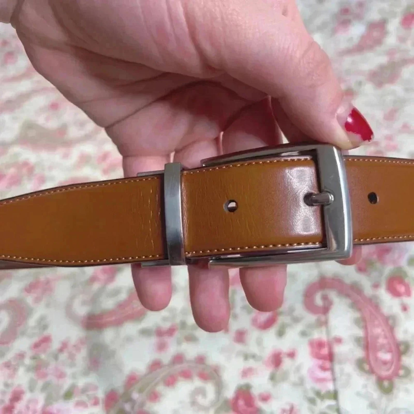 Original Penguin Cognac Leather Belt Silver Square Buckle Size 36