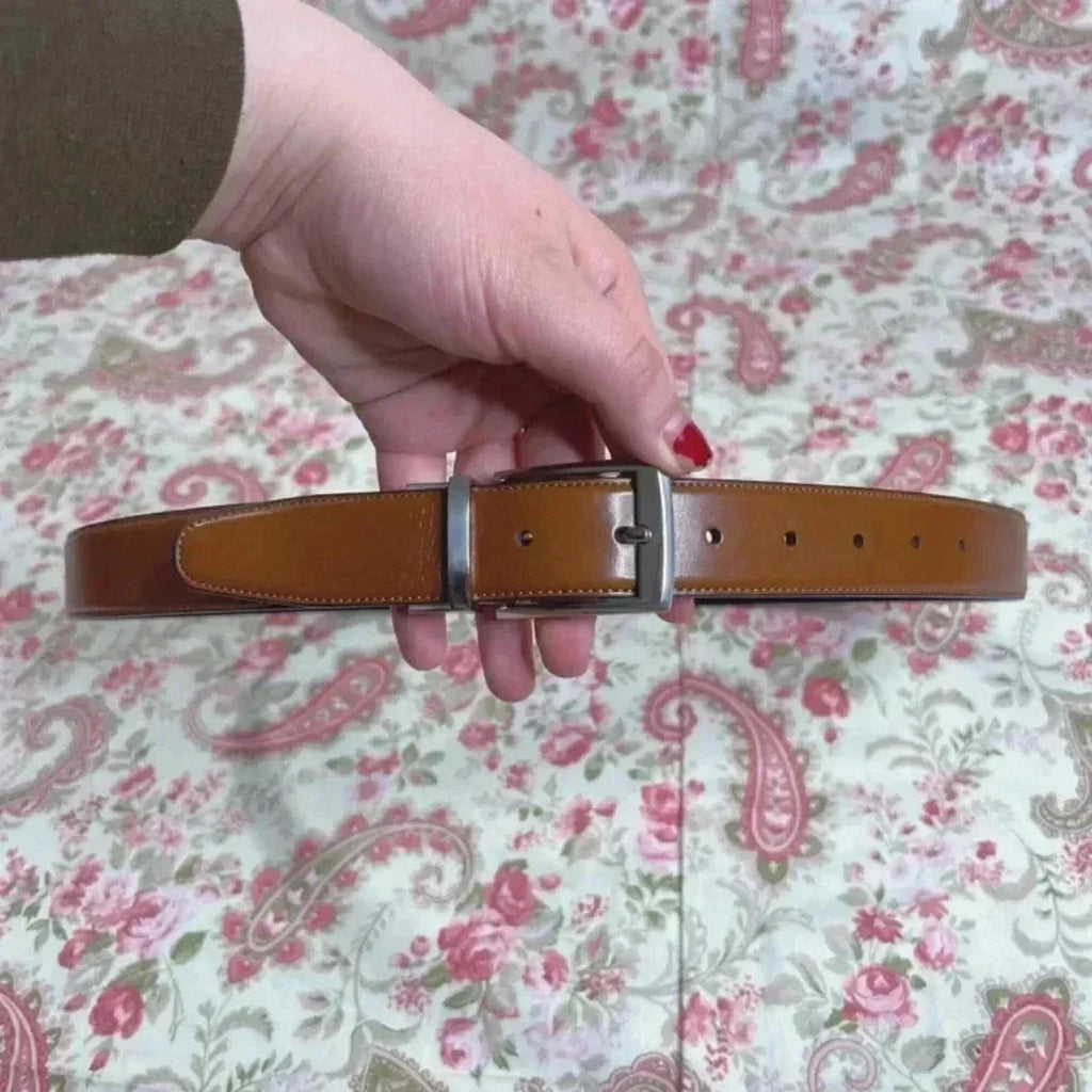 Original Penguin Cognac Leather Belt Silver Square Buckle Size 36