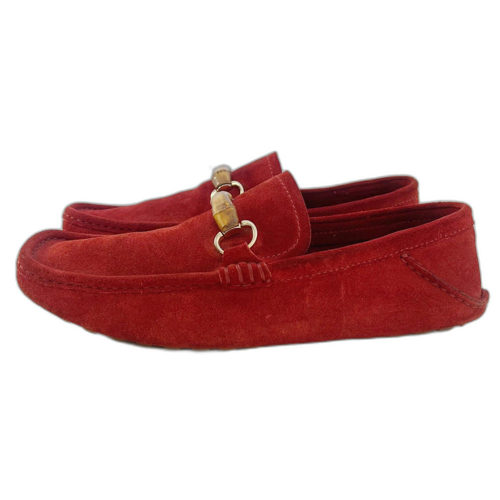 Gucci Men's Red Suede Horsebit Loafers Driving Loafers Bamboo Size 10