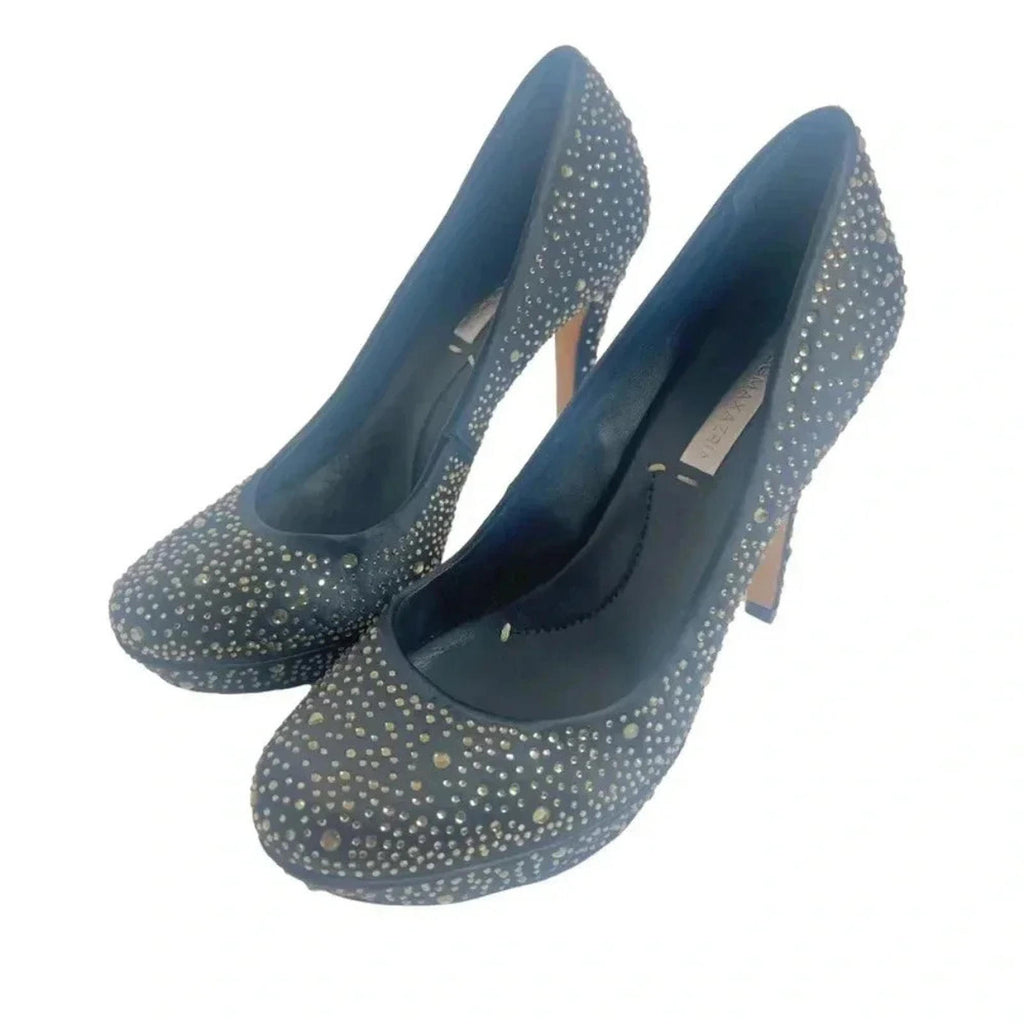 BCBG Maxazria Navy Blue Satin Gold Rhinestone Pumps Stilettos Size 8.5