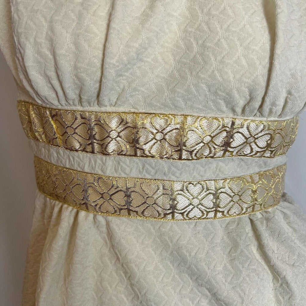 Vintage 60s Cream Mini Dress Gold Trim Belt Mod Sleeveless Sheath Dress Size 7
