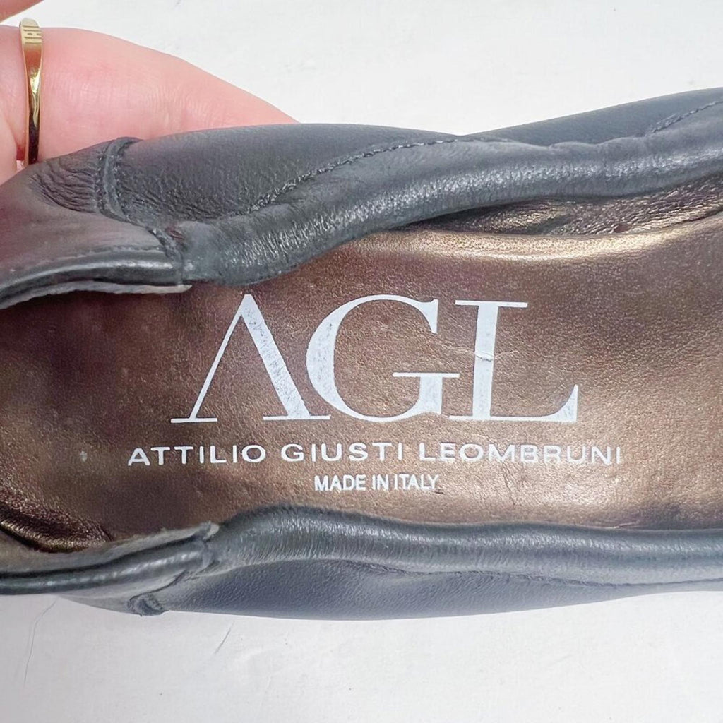 AGL Monika Cap Toe Ballet Flat Black Leather Bronze Buckle Women's Size 9.5