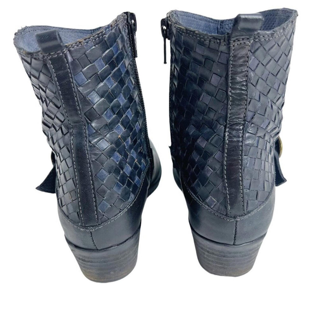 Sesto Meucci Black Leather Woven Booties Ankle Boots Women's Size 6.5