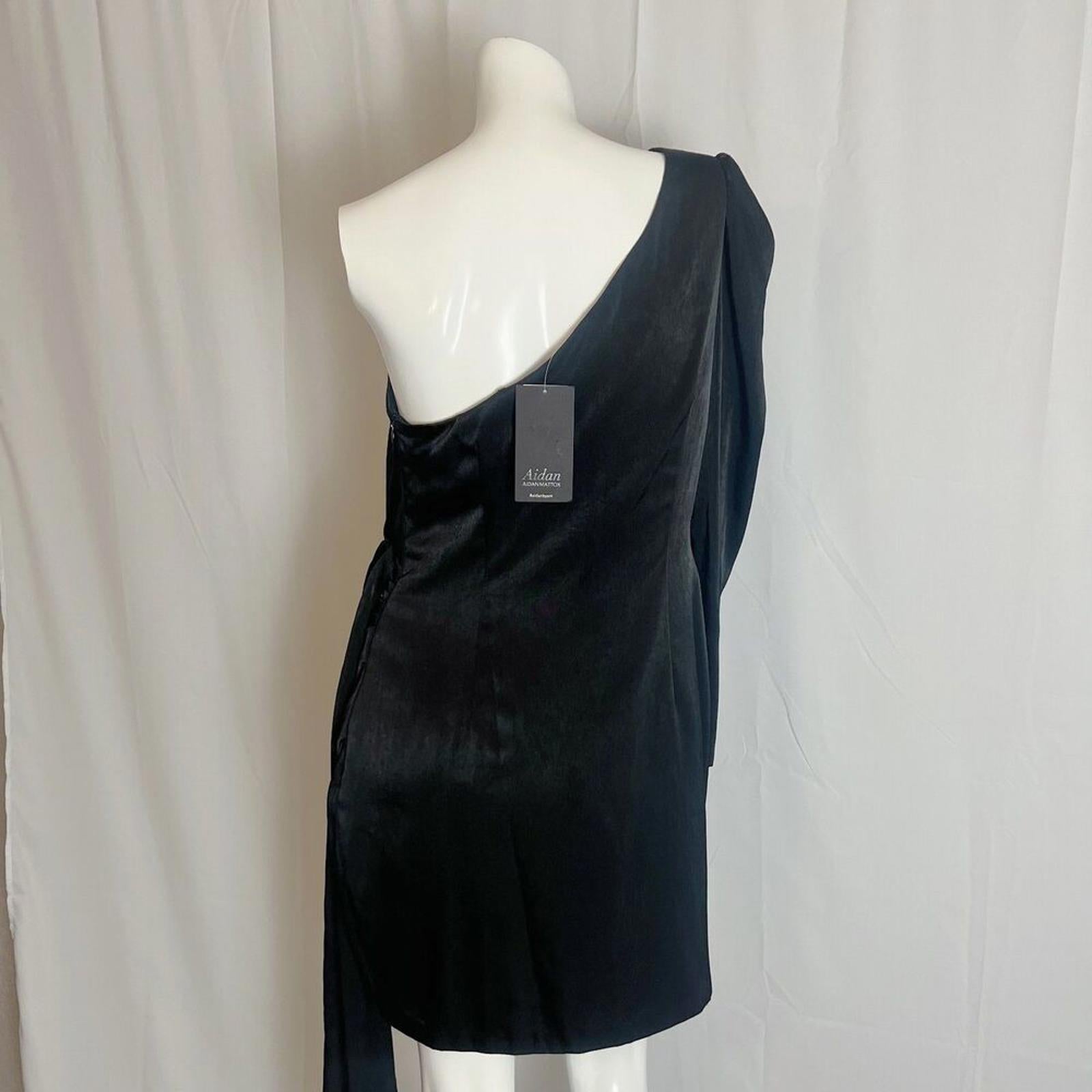 NWT Aidan Mattox Black One Shoulder Puff Sleeve Satin Dress Size 10