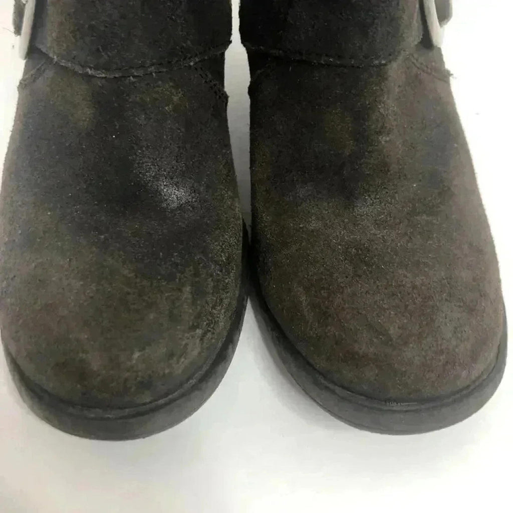 Born Dark Brown Suede Buckled Distressed Booties Women's Size 6.5