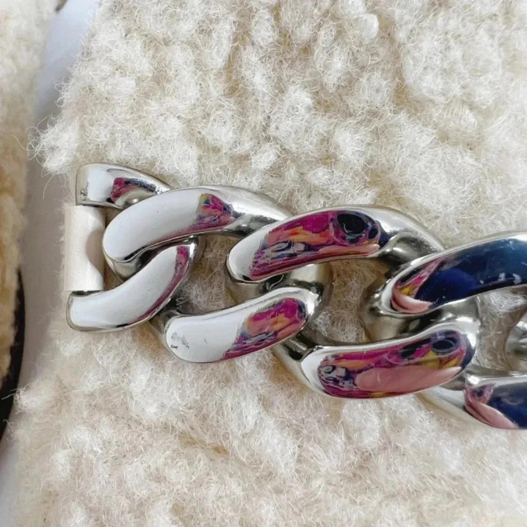 Dolce Vita Pela Cream Sherpa Mule Flat Silver Chain Women's Size 8