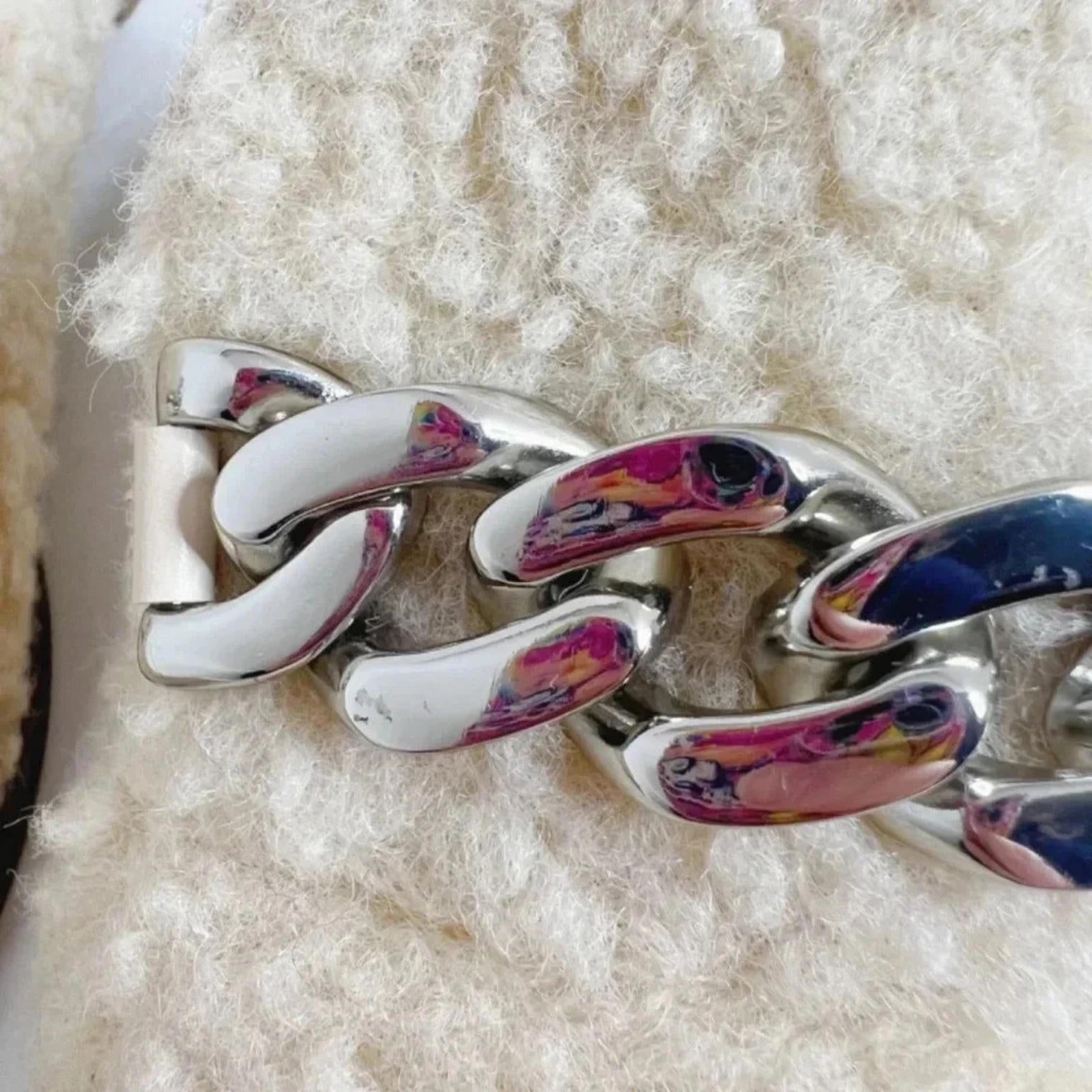 Dolce Vita Pela Cream Sherpa Mule Flat Silver Chain Women's Size 8