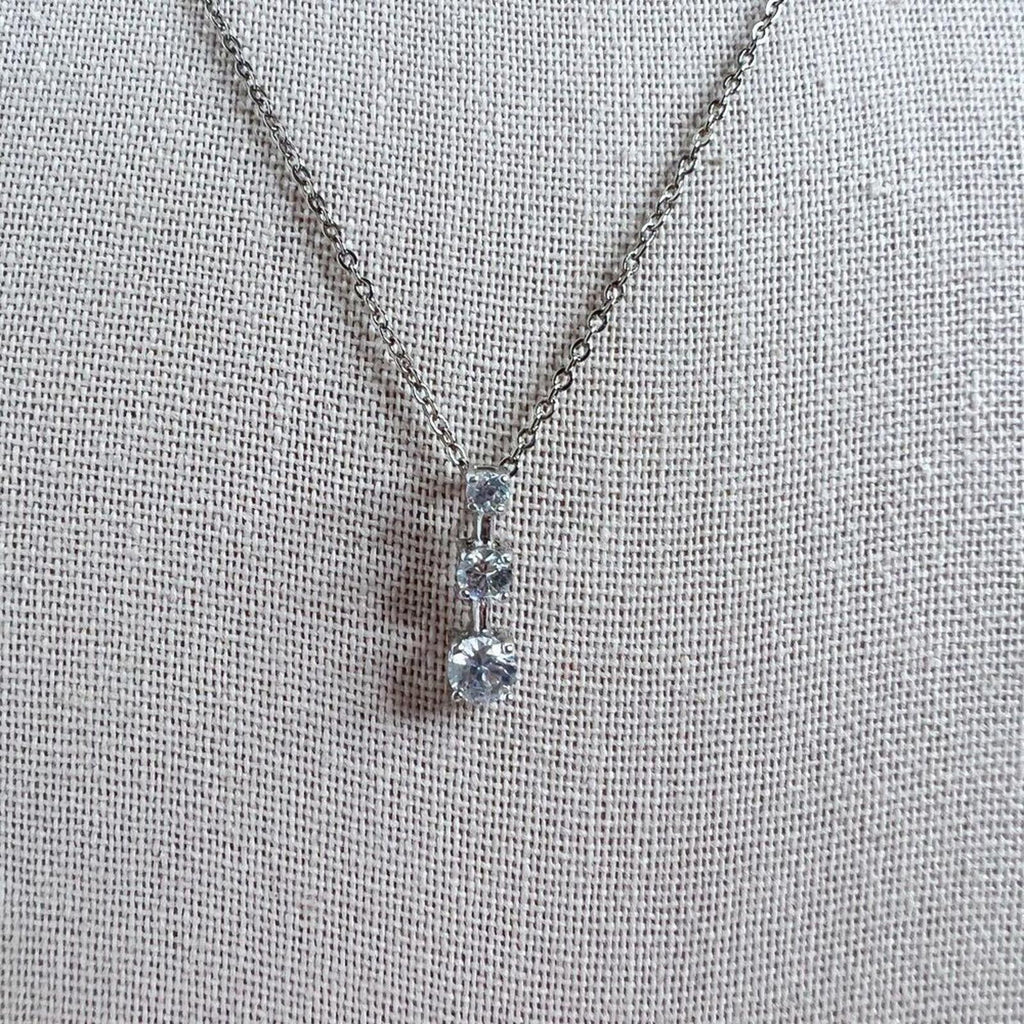 Silver Dainty Necklace Three Clear Stone Rhinestone Crystal Pendant