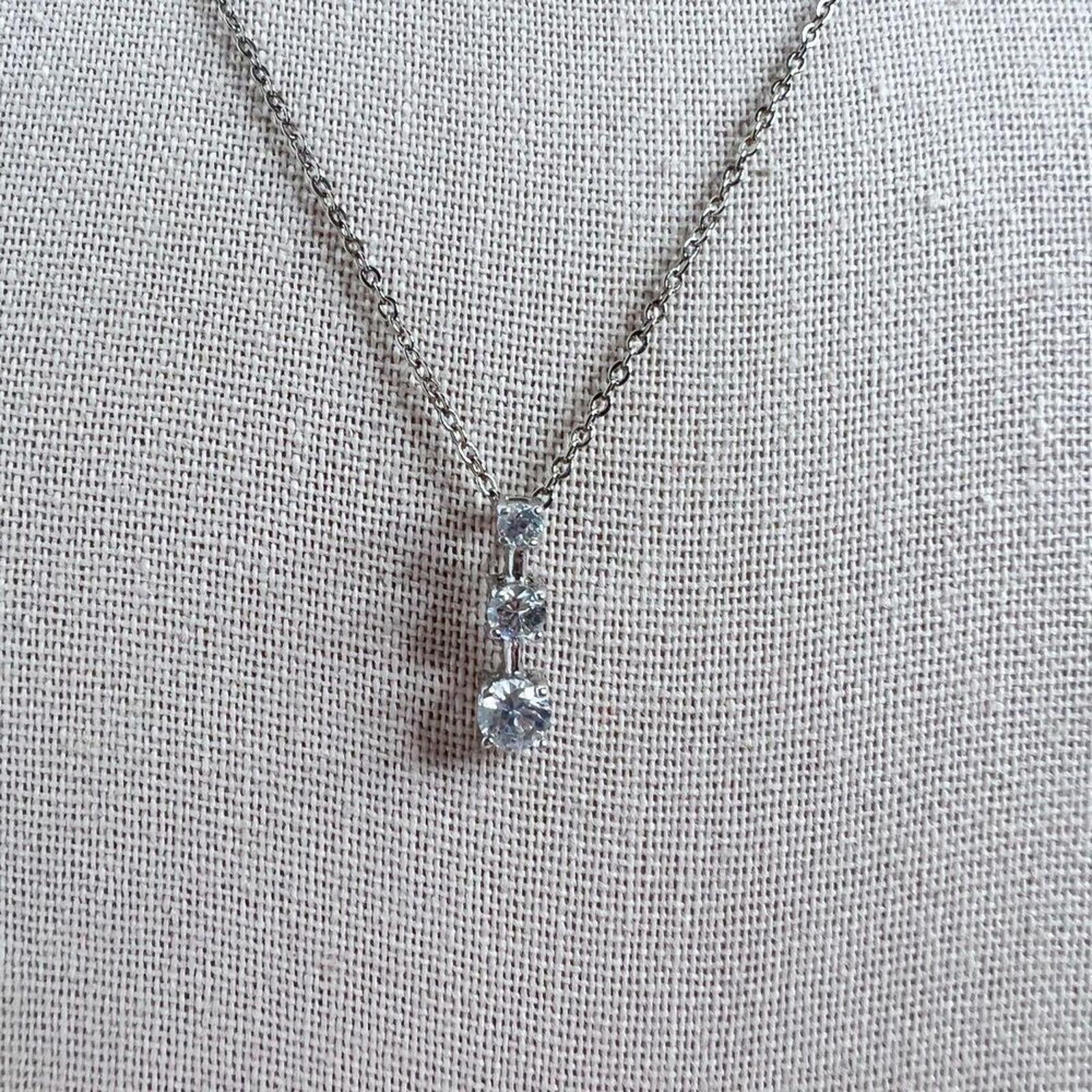Silver Dainty Necklace Three Clear Stone Rhinestone Crystal Pendant