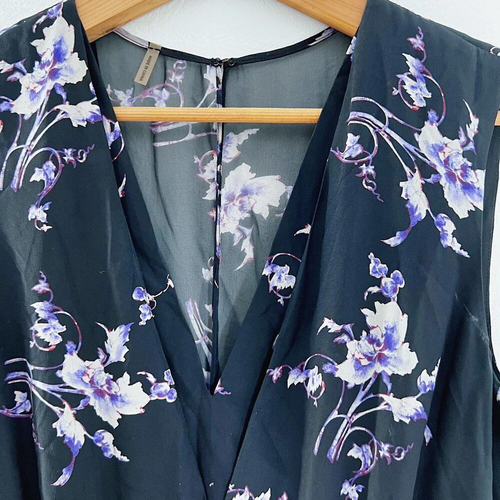Rebecca Taylor Silk Black and Purple Floral A Line Dress V Neck Spring Summer